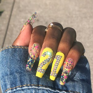 Birthday Bling | Yellow Rainbow Confetti | Rhinestone | Custom Number | Press On Nails | Faux Nails |