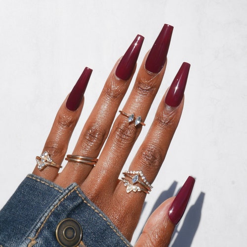 Dark Cherry Solid Color Basic Red Set Press On Faux Nails Etsy Ireland
