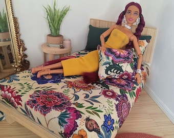 1/6 scale doll bedding set, floral bedding set, fashion doll accessories,  doll house decor, boho bedding set