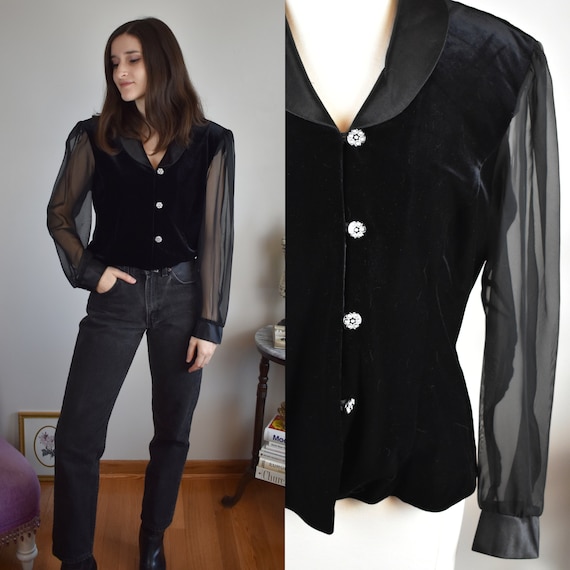 S/M Vintage Black Velvet Blouse with Sheer Sleeves - image 1