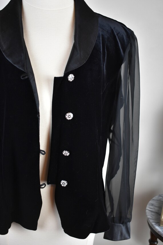 S/M Vintage Black Velvet Blouse with Sheer Sleeves - image 8