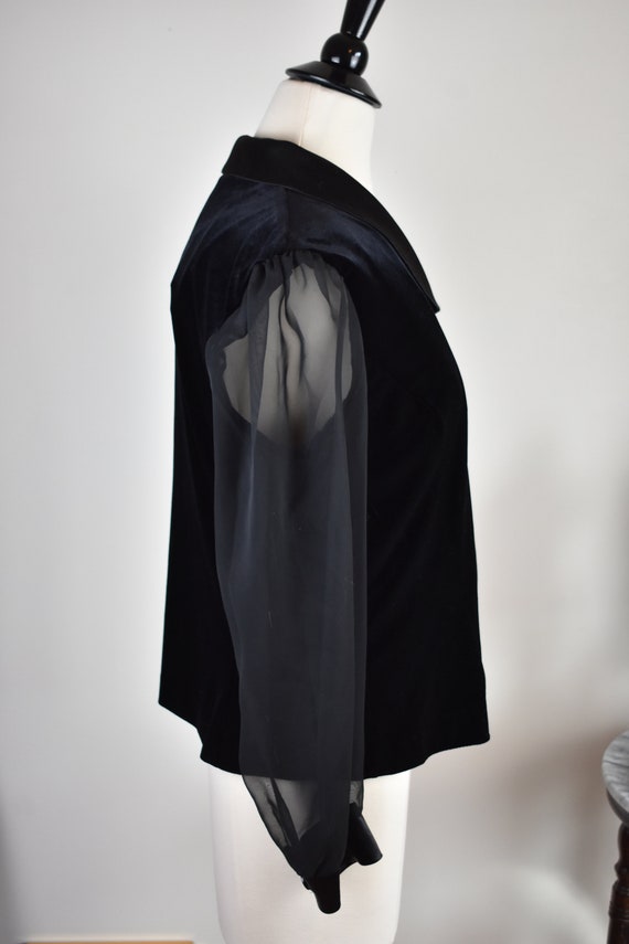 S/M Vintage Black Velvet Blouse with Sheer Sleeves - image 3