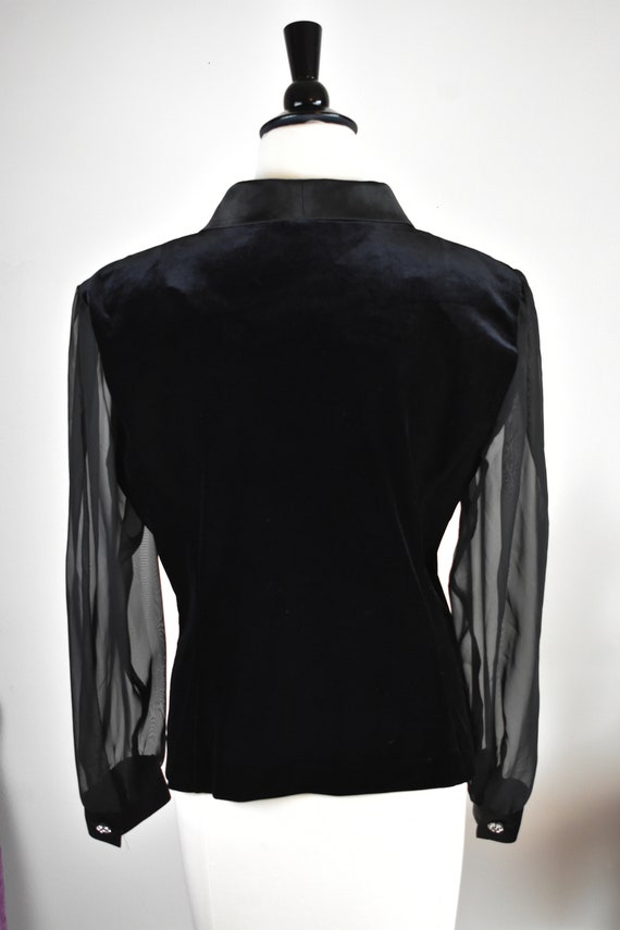 S/M Vintage Black Velvet Blouse with Sheer Sleeves - image 4