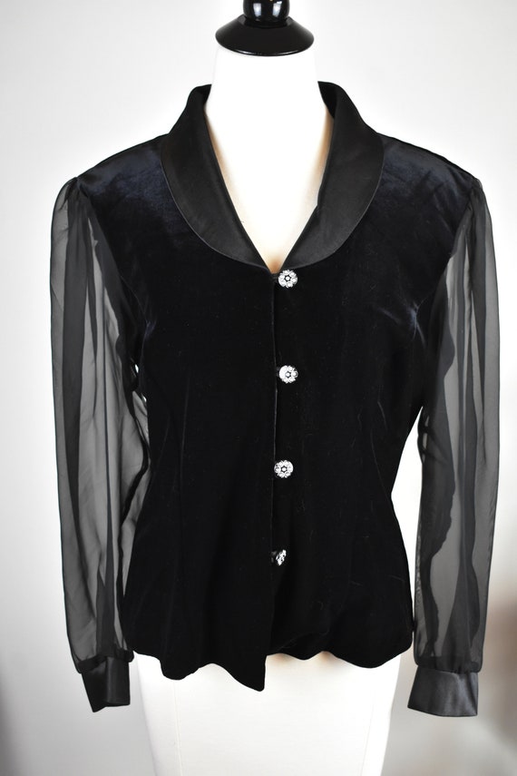 S/M Vintage Black Velvet Blouse with Sheer Sleeves - image 2