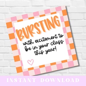 May include: A square card with a pink and orange chequered border. The card has the word "BURSTING" in orange script, with the text "with excitement to be in your class this year!" and a pink heart.
