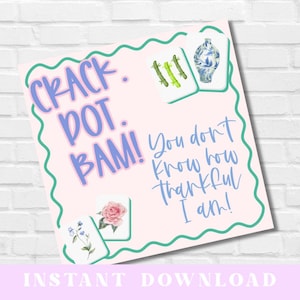 May include: A pink square print with the words "CRACK. POT. BAM!" in purple and green wavy border. The print includes watercolor images of Mahjong tiles and the text "You don't know how thankful I am!"