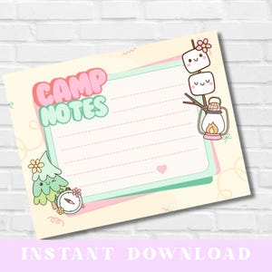Camp Notes Printable Notecards - Cute Summer Camp Stationery for Kids - Kawaii Camping Note Cards PDF - Happy Camper Instant Download
