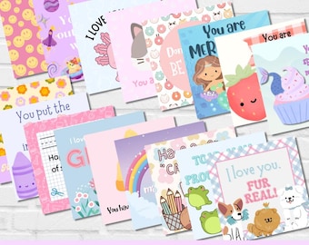 30 Lunch Notes for Girls – printable - Cute Animal & Food Puns, Encouragement Cards for Kids | Instant Download