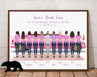 Op de afbeelding: Een geïllustreerde print van een groep vrouwen in een roze limousine. De vrouwen dragen roze shirts en jeans. De tekst "Kira's Bride Team" staat bovenaan de print. De tekst "Time to Drink Champagne And Dance On the table" staat onder de afbeelding. De tekst "Hon Barly 30th Flag 2020" staat onder de tekst.