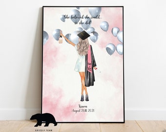 Puede incluir: Una ilustración de graduación de una mujer con un vestido blanco y una toga de graduación negra con una banda rosa. Ella sostiene una copa de champán y un diploma. El fondo es una acuarela rosa con globos plateados. El texto dice "Ella creía que podía... ¡así que lo hizo!" y "Kiara 26 de agosto de 2021".