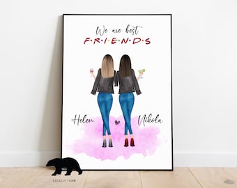 Puede incluir: Una ilustración de acuarela de dos mujeres con el pelo largo, que llevan vaqueros y chaquetas, de pie espalda con espalda. Están sosteniendo bebidas y el texto "We are best F.R.I.E.N.D.S" está por encima de ellas. Los nombres "Helen" y "Nikola" están debajo.