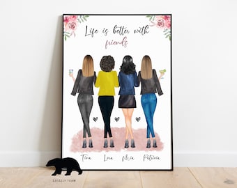 Puede incluir: Una impresión artística enmarcada con cuatro figuras de espaldas, cada una sosteniendo una bebida. La impresión tiene el texto "Life is better with friends" y detalles florales. Las figuras están de pie sobre un área texturizada rosa, con nombres debajo.