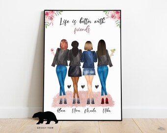 May include: A white background with four women in jeans and jackets standing back to back. The women are holding drinks and there are pink flowers in the top corners. The text "Life is better with friends" is in the center of the image. The names Klara, Nina, Maria, and Mika are written below the women.