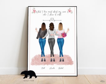 Puede incluir: Una impresión de arte imprimible con una cita sobre la amistad. La cita dice: "Lo que más me gusta de mi trabajo es con quién lo comparto." La impresión presenta una ilustración de acuarela de tres mujeres de pie espalda con espalda, sosteniendo copas de vino y flores. Los nombres de las mujeres están escritos debajo de la ilustración: "Good", "Charla" y "Rochel".