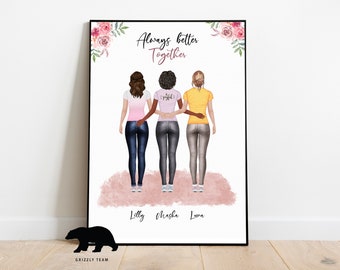 Puede incluir: Un fondo blanco con tres mujeres de pie de espaldas con los brazos alrededor de la otra. Las mujeres llevan pantalones vaqueros y camisetas. El texto "Always better Together" está en la parte superior de la imagen. Los nombres "Lilly", "Masha" y "Luna" están escritos debajo de las mujeres.