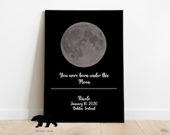 May include: A black and white poster with a gray moon and the text "You were born under this Moon" and "Nicole January 10, 2020 Dublin, Ireland".