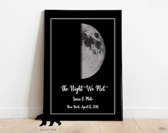 May include: A black and white moon phase print with the text "The Night We Met" and the names "Quisa & Mile" and the date "New York, April 15, 2016".