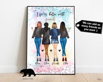 May include: A watercolor illustration of four friends standing together with the text "Life is better with friends". The friends are wearing jeans and jackets. Each friend has a different hair color and skin tone. The background is a watercolor wash of pink, blue, and purple.