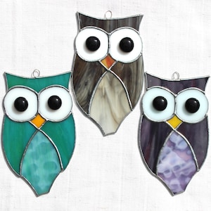 Stained-glass owl, brown, purple, or teal