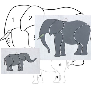 May include: A stained glass pattern for an elephant with numbered sections. The pattern is in black and white and shows the different pieces of glass needed to create the elephant.