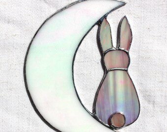 Small stained-glass crescent moon and rabbit