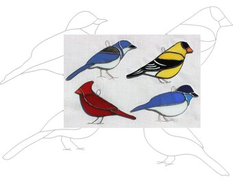 Pattern — stained glass Birds digital download, includes Cardinal, Scrub Jay, Bluebird, Goldfinch, wire feet tutorial