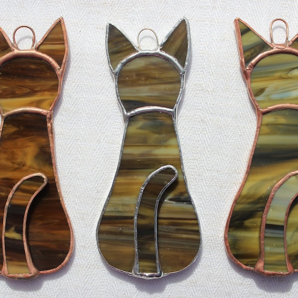 Small stained-glass cat, brown tabby,  tortoiseshell tortie, or torbie