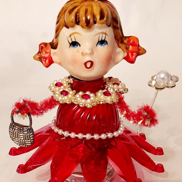 Ruby Red Dress Assemblage Folk Art Doll Vintage Repurposed mixed media OOAK