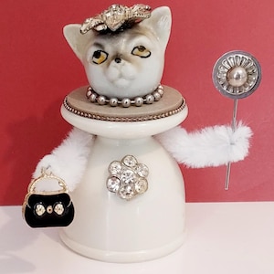 Kit Kat Cat Assemblage Folk Art Doll Vintage Repurposed mixed media OOAK