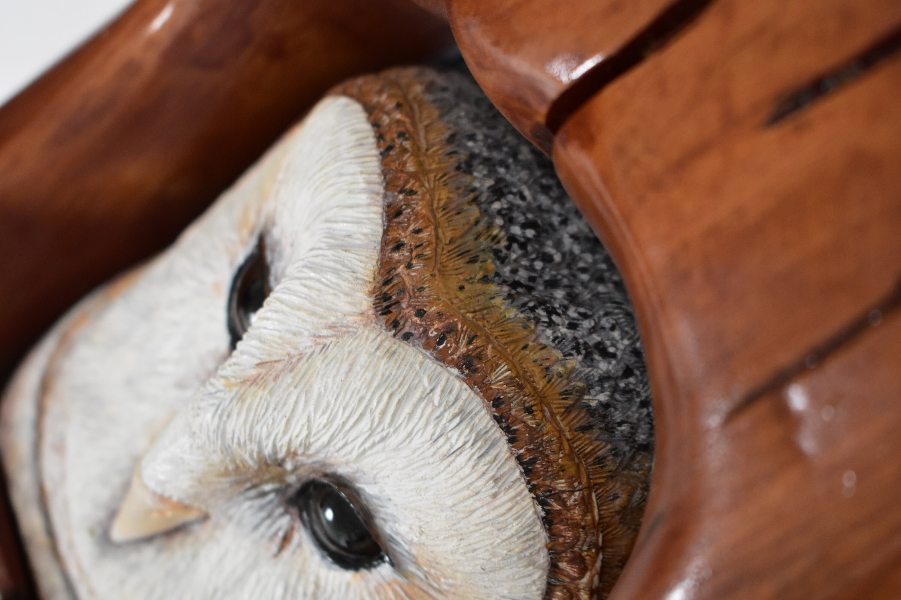 Hand Carved Hand Painted Barn Owl Wooden Sculpture in Carved Cherry