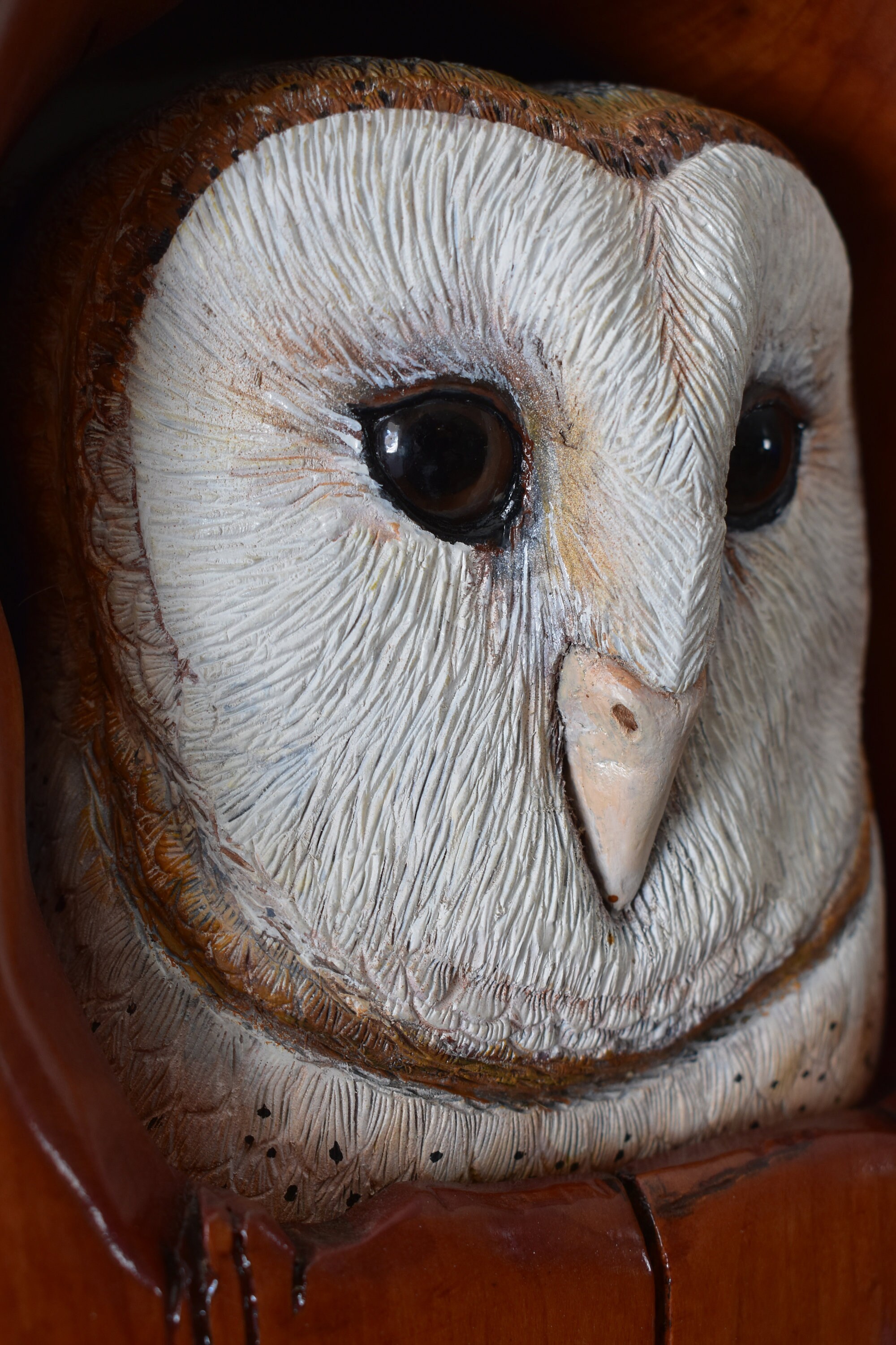 Hand Carved Hand Painted Barn Owl Wooden Sculpture in Carved Cherry