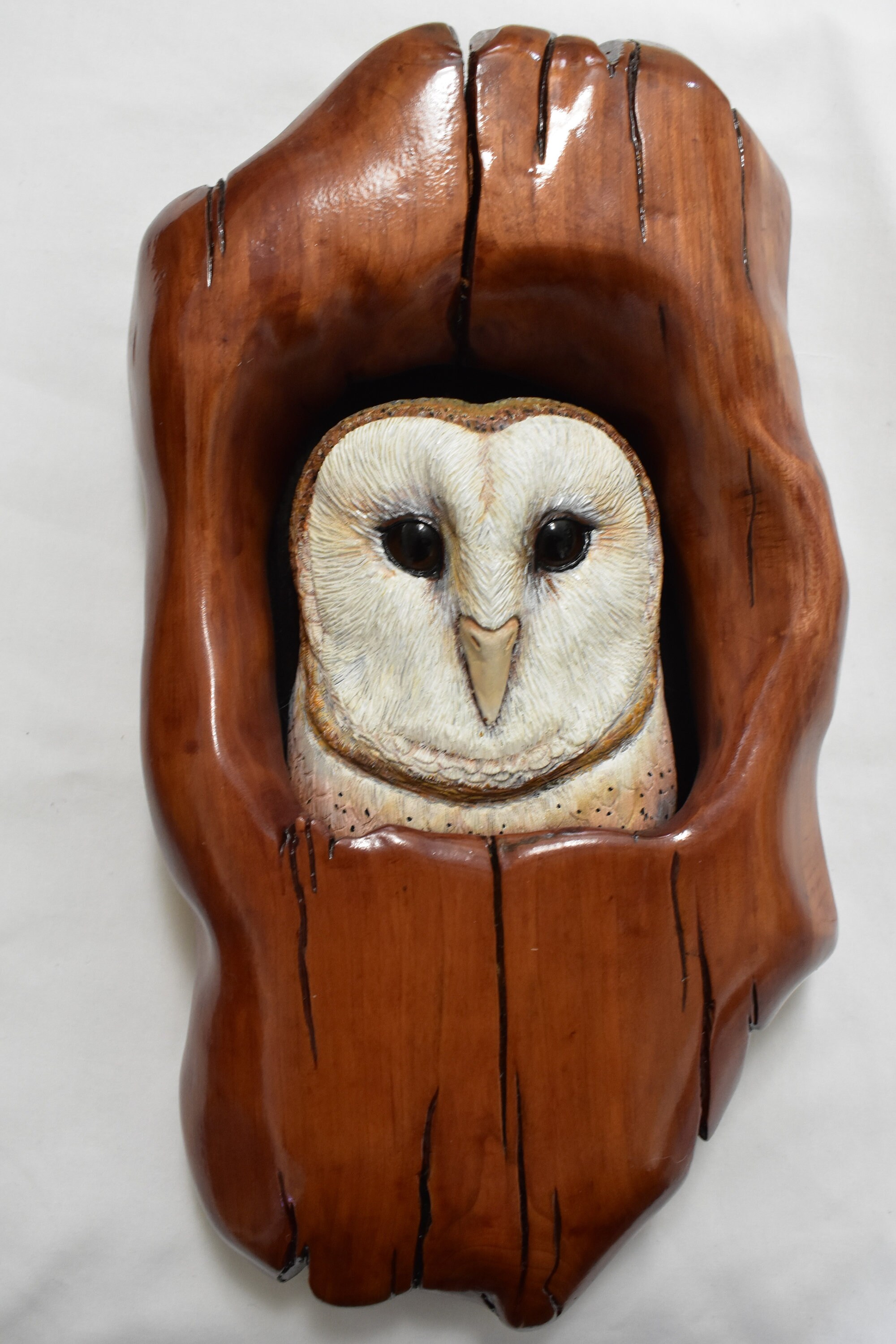 Hand Carved Hand Painted Barn Owl Wooden Sculpture in Carved Cherry