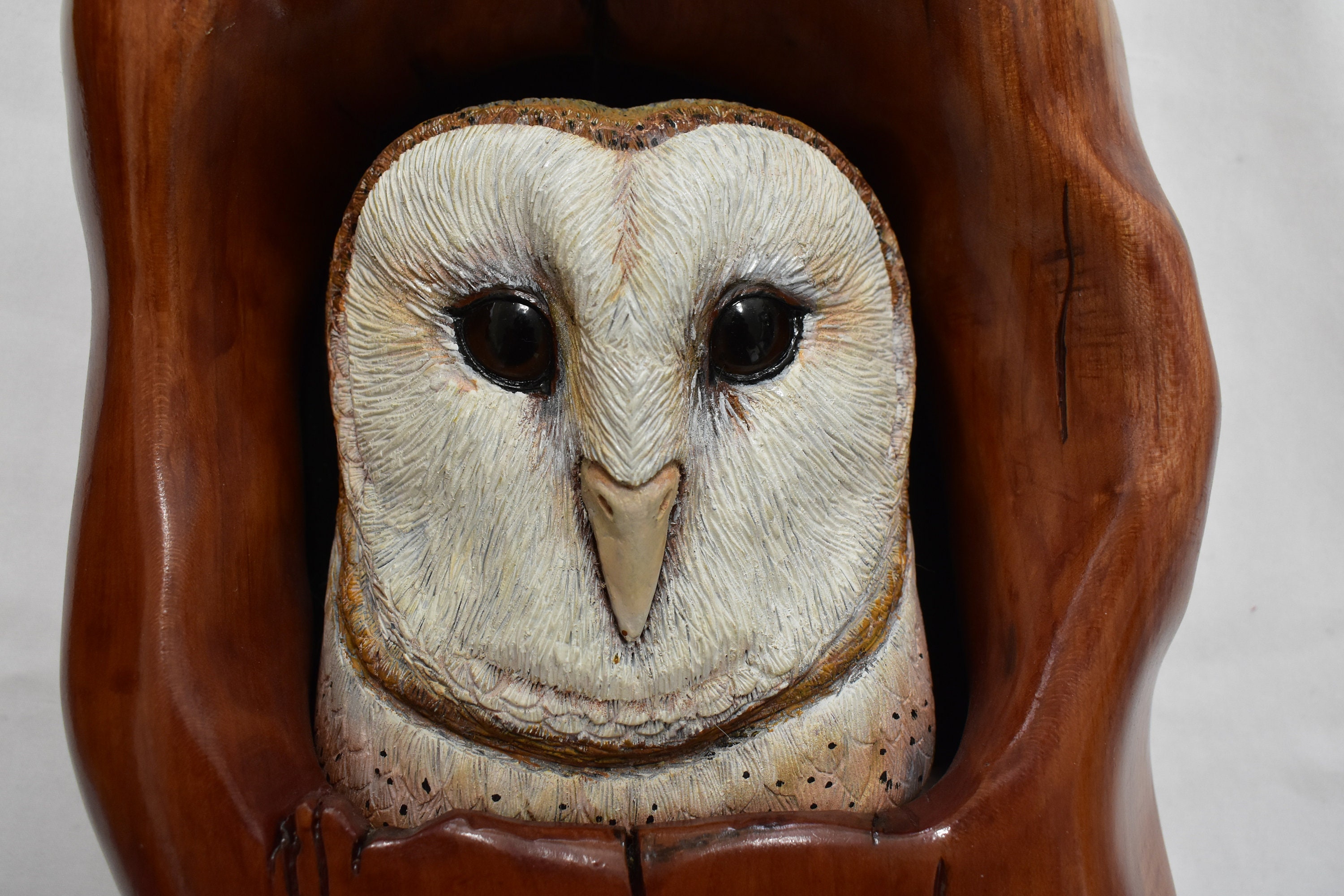Hand Carved Hand Painted Barn Owl Wooden Sculpture in Carved Cherry