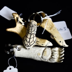 Hand carved deer antler animal keychains, bear paw, snake, and pheasant key chains, wildlife keychain, mini sculpture, animal carving