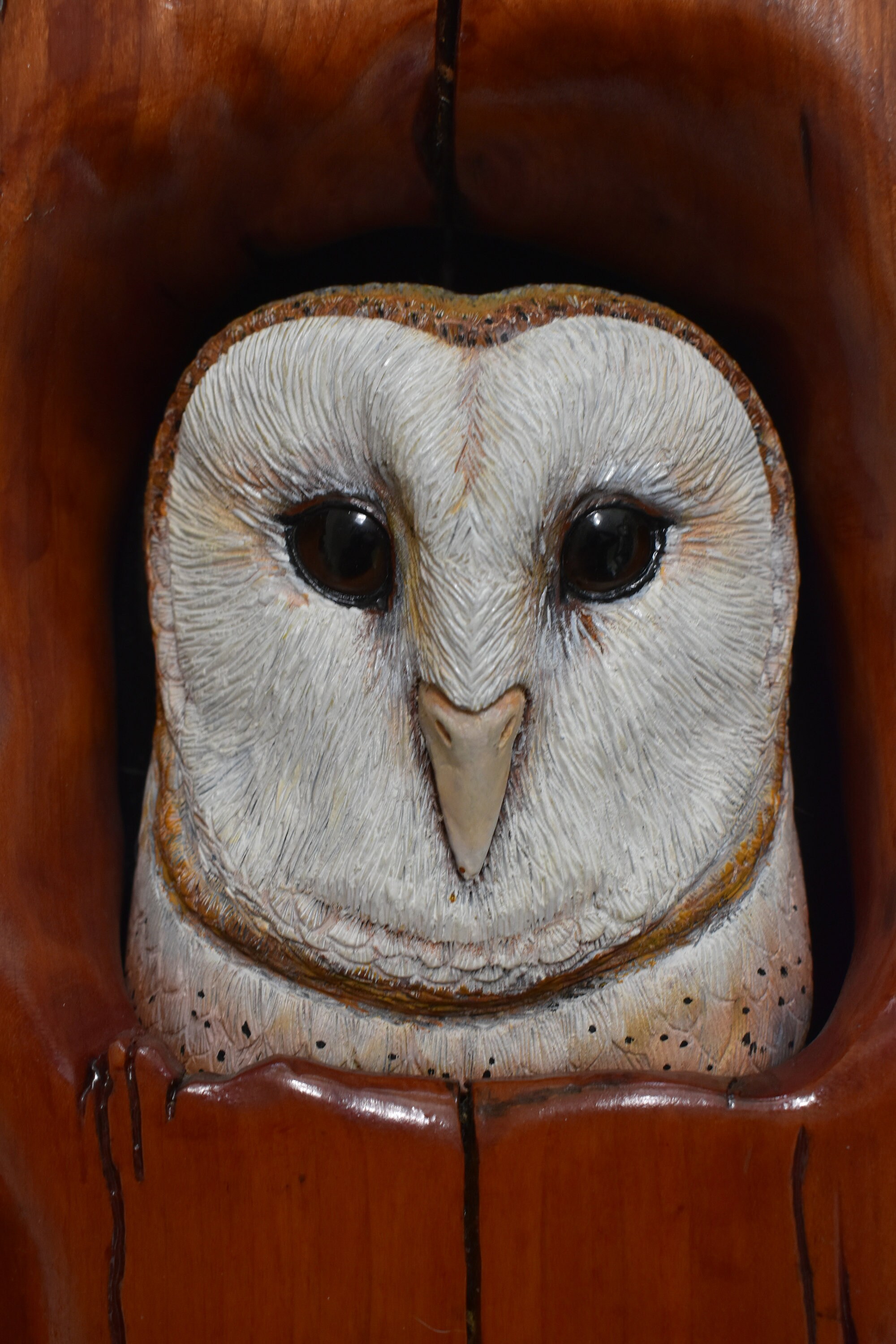 Hand Carved Hand Painted Barn Owl Wooden Sculpture in Carved Cherry
