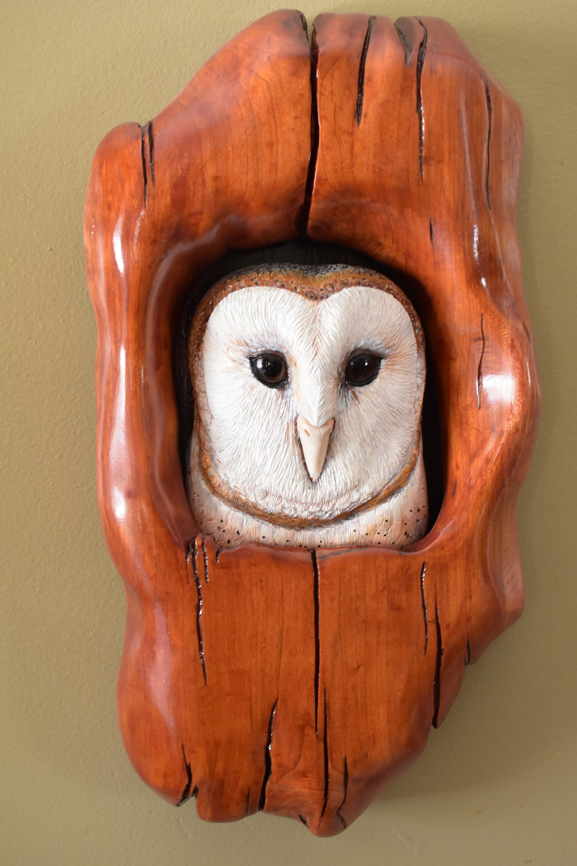 Hand Carved Hand Painted Barn Owl Wooden Sculpture in Carved Cherry
