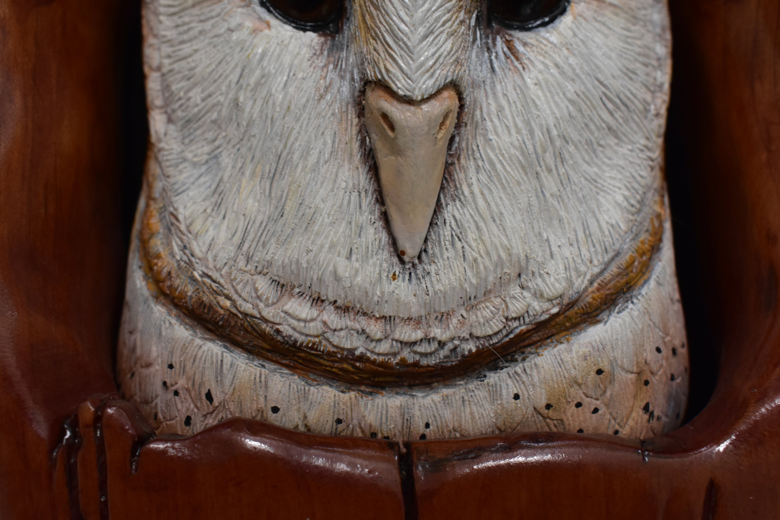 Hand Carved Hand Painted Barn Owl Wooden Sculpture in Carved Cherry