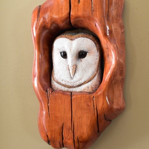 Hand Carved hand painted Barn Owl wooden sculpture in carved Cherry wood tree hollow, wood art, wildlife decor, owl decor, wall hanging owl