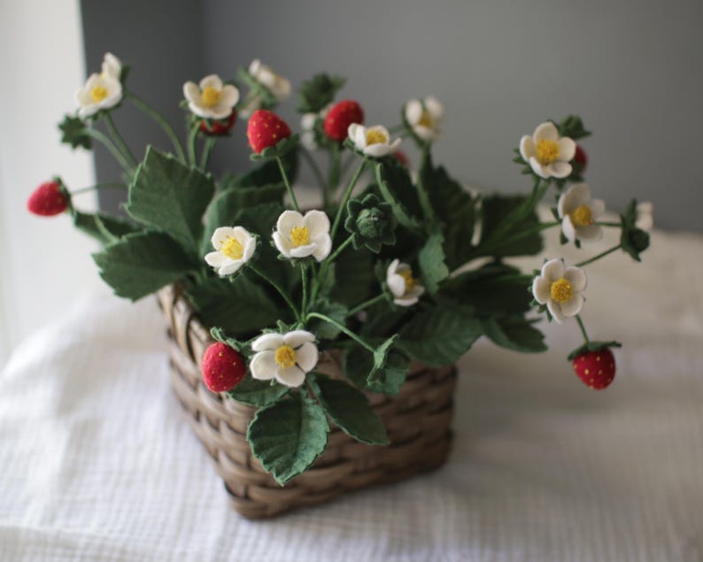 Puede incluir: Una cesta tejida rebosante de una planta de fresas artesanal. La planta presenta hojas verdes, delicadas flores blancas con centros amarillos y fresas rojas vibrantes. La cesta es de material tejido marr&oacute;n.