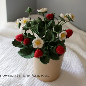 Puede incluir: Una planta de fresas hecha a mano en un cuenco de papel. La planta presenta fresas rojas, flores blancas con centros amarillos y hojas verdes. El texto "STRAWBERRY SET WITH PAPER BOWL" est&aacute; en la parte inferior de la imagen.