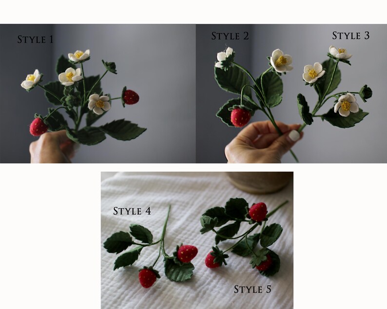 Puede incluir: Una colecci&oacute;n de tallos de fresa hechos a mano con flores blancas y hojas verdes. La imagen muestra cinco estilos diferentes de los tallos de fresa. Las fresas son rojas y las flores tienen centros amarillos. Los tallos se muestran sobre un fondo neutro.