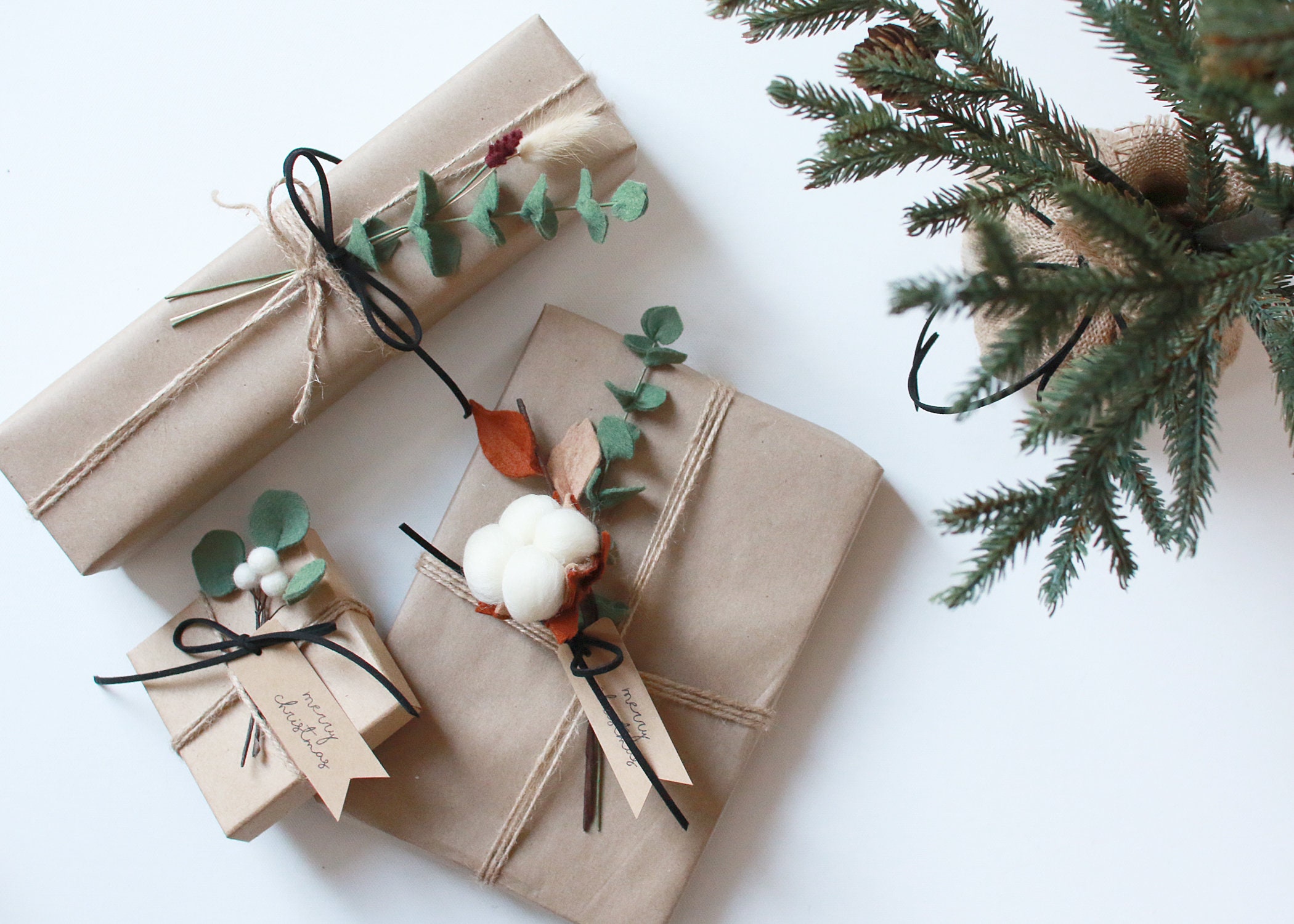 Holiday Gift Wrap, Felt Flowers, Cotton Stem, Minimal Gift Wrap, Christmas  Gift Wrap, Eucalyptus Gift Wrap, Gift Wrap Accessories, Gifts 