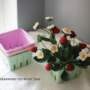 Puede incluir: Un juego de fresas con bandeja. El juego incluye una cesta de bayas verde claro con una planta de fresa y una pila de cestas de bayas rosas y verde claro. La planta de fresa tiene fresas rojas y flores blancas.