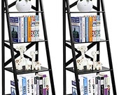 4-Tier Ladder Shelf Bookcase Set of 2 Leaning Free Standing Wooden Frame Bookshelf Storage Flower Shelf, Plant Display