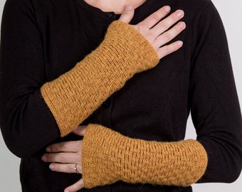 Winter Wrist Warmers Knitted with Baby Alpaca, Lambswool and Cashmere in a Dark Turmeric, Yellow Colour