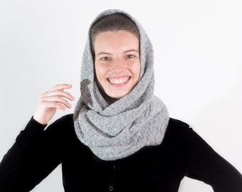 Women's Winter Cowl Scarf, Knitted with Baby Alpaca, Lambswool and Cashmere in a Variegated Light Grey Colour