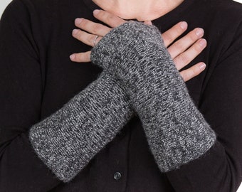 Winter Wrist Warmers Knitted with Baby Alpaca, Lambswool and Cashmere in a Variegated Black and White, Salt & Pepper Colour