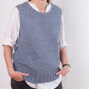 Women's Sleeveless Sweater in Light Steel Blue, Handmade with Baby Alpaca, Lambswool and Cashmere. Lightweight all Seasons Knitted Blue Vest