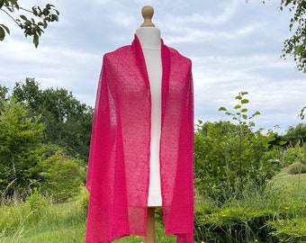 New Dark Pink Linen Summer Lace Shawl, Finely Knitted Womens Shoulder Wrap in Pure Linen, Light and Stylish Fuchsia Handmade Shawl Scarf