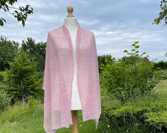 Light Rose Summer Lace Shawl, Handmade Shoulder Wrap Knitted with 100% Linen